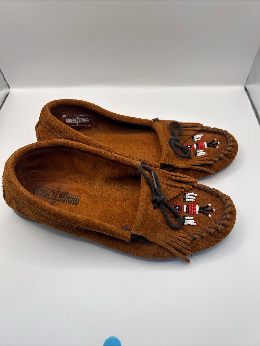 Minnetonka Thunderbird Moccasins Womens 7 Brown Suede Beaded Fringe Flats 173